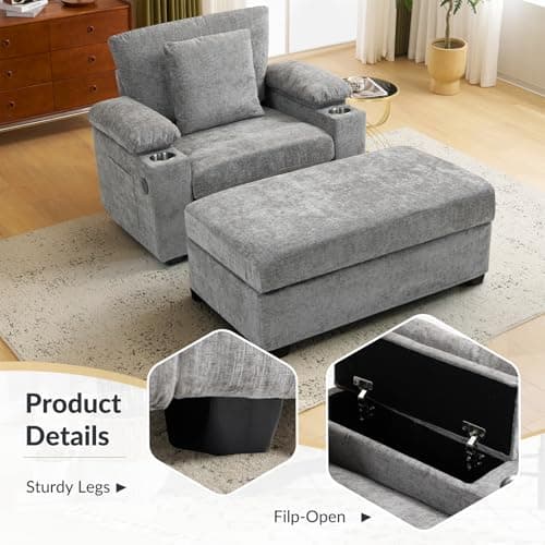Light Grey Chenille Chaise Lounge with Ottoman & USB, Storage Armrests, & Side Pockets