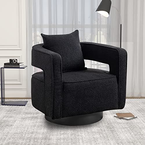 Black 360 Degree Swivel Teddy Accent Chair with Pillow