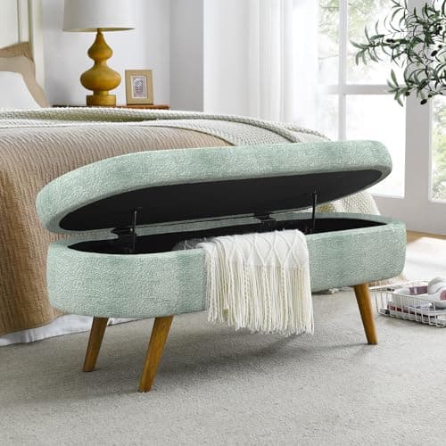Beige Linen Oval Storage Bench 43.5" for Living Room/Ottoman Entryway