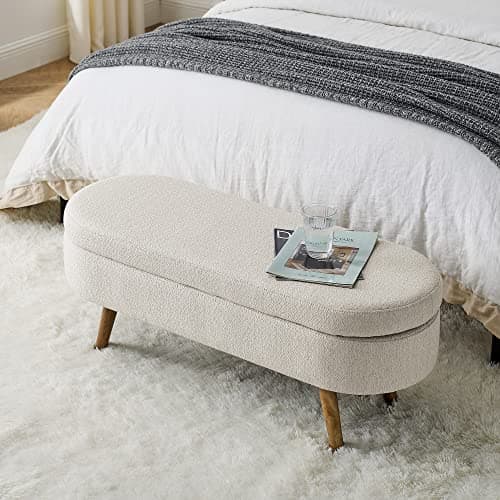 Storage Ottoman Bench End of Bed, 43 Oval Linen Fabric Bench for Living Room, Bedroom, Entryway