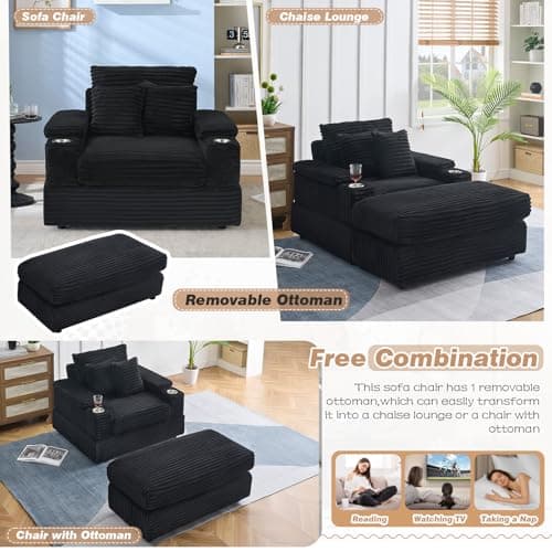 Modern Black Chaise Lounge with Ottoman and Cup Holder
