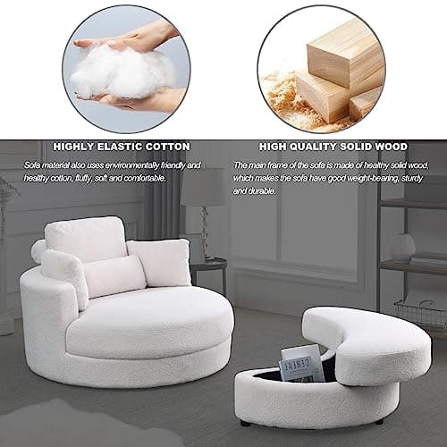 Triple Tree Modern Swivel Lounge Chair with Half Moon Storage, Linen Fabric, White