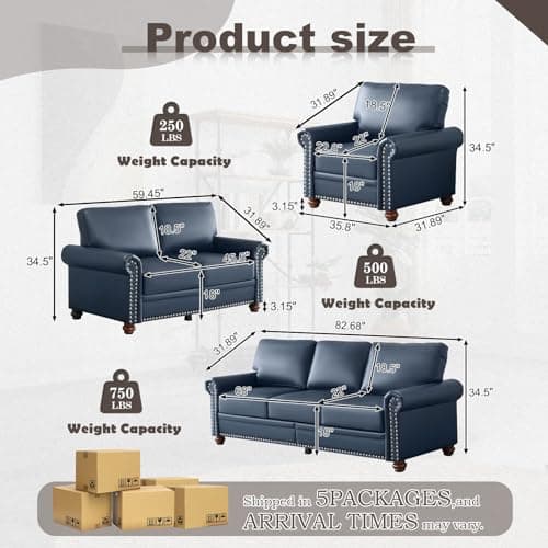 3 Piece Faux Leather Sofa Set with Storage, Navy Blue