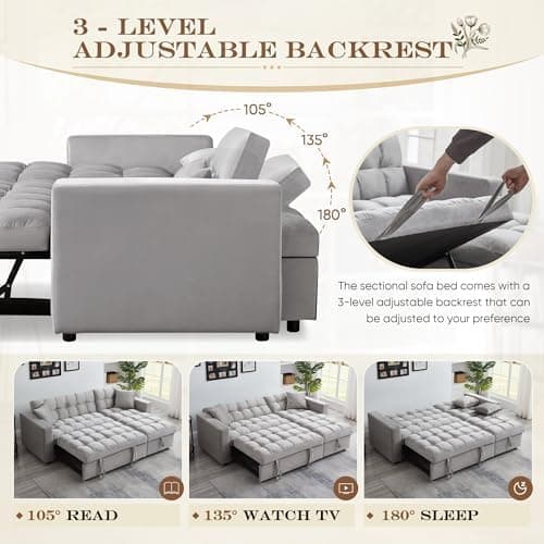 Convertible Sleeper Sofa Bed,82.6"W Velvet Tufted L Shaped Sectional Couch with Adjustable Back & Reversible Storage Chaise,Modern Futon Pull Out Couch Bed for Living Room,Apartment,Small Place(Grey)