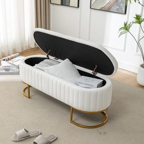 Modern Velvet Upholstered Storage Bench with Golden Metal Legs - Ivory