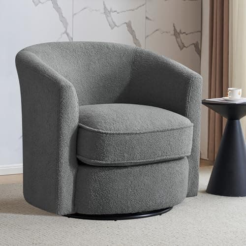 Furniliving 360° Swivel Grey Accent Chair, Comfortable Sherpa Upholstered Barrel Sofa