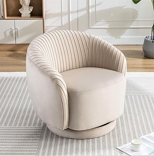 Elegant Ivory Barrel Swivel Chair with Velvet Upholstery and Smooth 360° Rotation