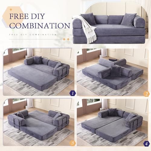 Grey Convertible Sleeper Sofa Bed with Memory FoamMattress&Cylindrical Pillows