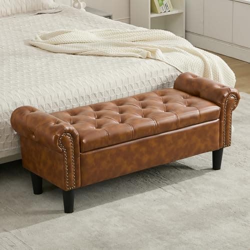 Light Brown Linen Tufted Storage Bench with Rolled Arms & Ottoman, 50" Queen End of Bed Bench