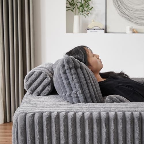Oversized Grey Plush Corduroy Chaise Lounge Chair with Wide Armrests