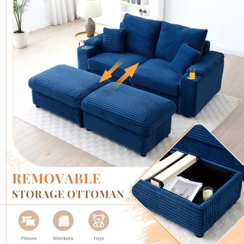 Oversized Chaise Lounge Chair with Storage Ottomans, Blue