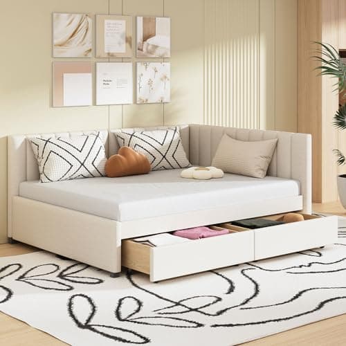 Merax Daybed with Storage Drawers, Sofa Bed Frame in Beige Linen Fabric