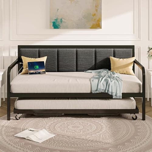 Rolanstar Adjustable Height LED Daybed with USB, Grey Upholstery for Living Room
