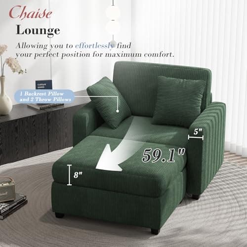 Apicizon Green Indoor 42" Sleeper Chaise Lounge Chair with Pillows and Armrests