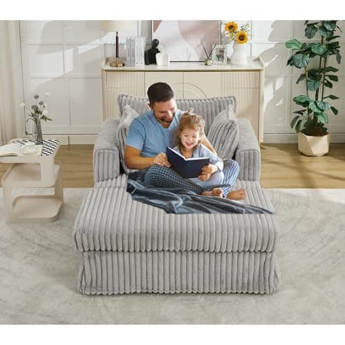 Oversized Blue Gray 55" Chaise Lounger with Chenille Fabric & Charging Station