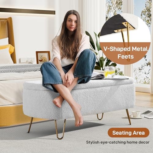 Sherpa Upholstered Storage Ottoman Bench with Gold Legs