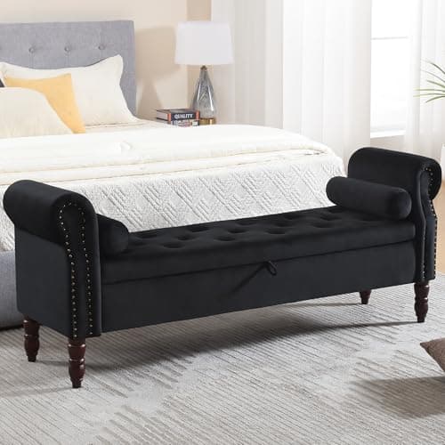Black Velvet Tufted Storage Bench with Arms for Bed and Living Room