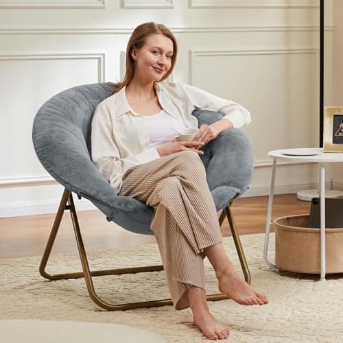 YSSOA Grey Foldable Faux Fur Saucer Chair for Adults & Teens
