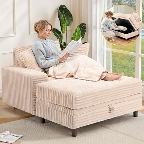 54" Multifunctional Black Upholstered Chaise Lounge with Storage Ottoman and Pillows