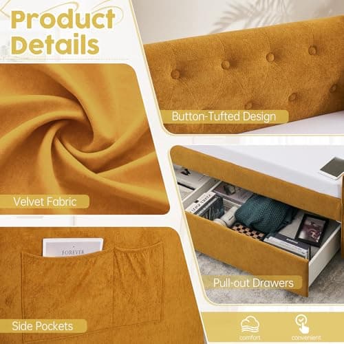 Twin Size Velvet Daybed with Storage & USB Charging,Button Tufted Yellow Webcam-Free Sofa Bed