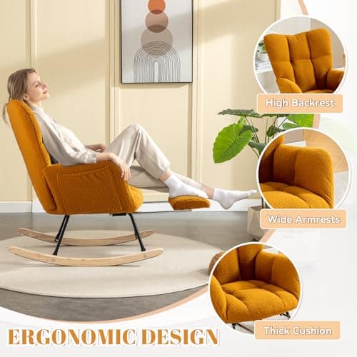 JEEOHEY Teddy Glider Rocking Chair with Footrest and High Backrest for Nursery, Living Room, and Bedroom (Caramel)