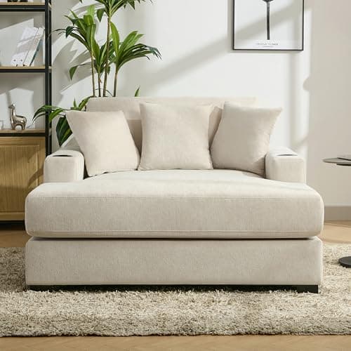 Oversized Cream Chenille Reclining Chaise Longue with Pillows & Charging Station