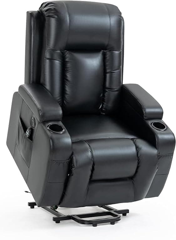 Power Lift Recliner Chair with Heat and Massage for Elderly, Electric Recliner Chairs with Standing Assistance, 2 Cup Holders, 4 Pockets, USB Charge Port, Breathable Leather Brown