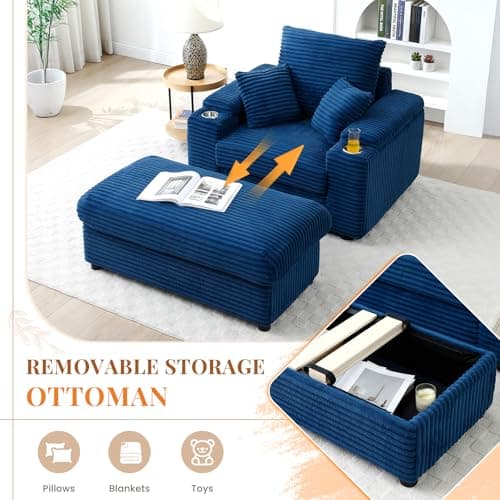 Cozy Blue Chaise Lounge Chair with Storage Ottoman & Cup Holders