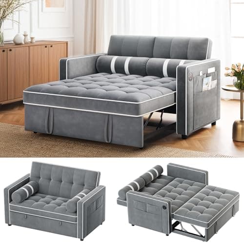 Amada 3-in-1 Convertible Couch, Grey Velvet Sleeper Sofa Bed
