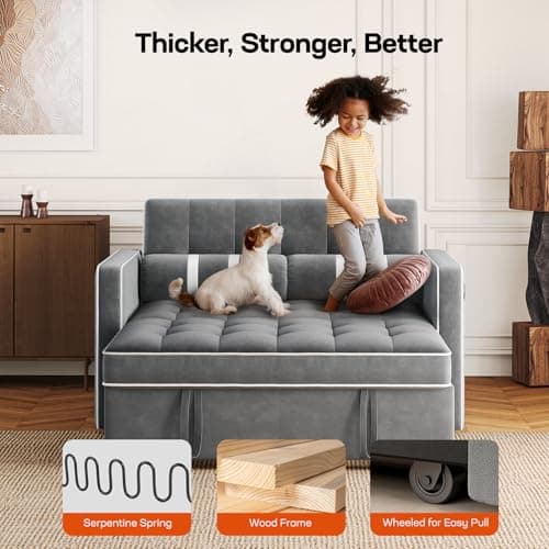 Amada 3-in-1 Convertible Couch, Grey Velvet Sleeper Sofa Bed