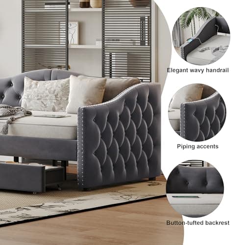 Twin Upholstered Daybed with Storage, Button-Tufted Velvet Sofa Bed,Haze Grey