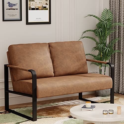 Mid Century Modern Dark Brown Faux Leather Love Seat Mini Couch