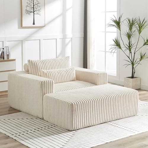 Beige Oversized Chaise LoungeChair with Ottoman, Deep Seat Sofa