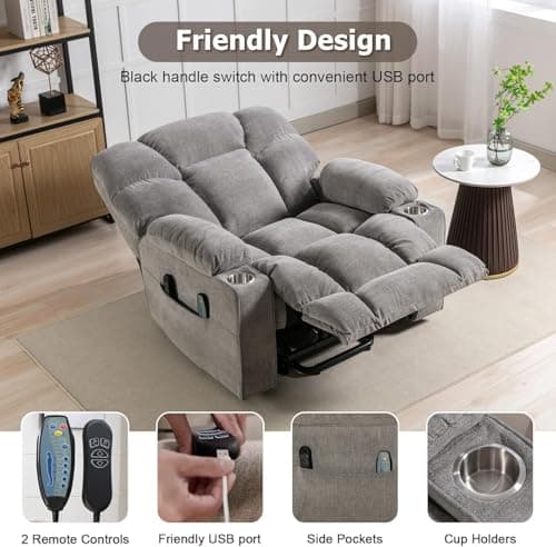 CANMOV Heavy Duty Electric Lift Recliner Chair with Massage, Heat, USB, Grey