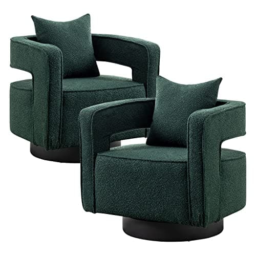 ODUWA Modern Round Boucle Swivel Chair Set of 2, Black Base, Living Room Nursery Comfortable