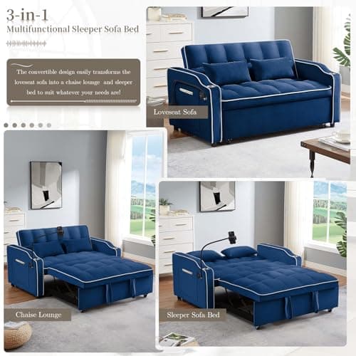 Convertible Sleeper Sofa Bed with USB Port - Blue color