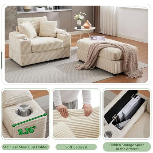 Oversized Beige Corduroy Chaise Lounge with Storage & Ottoman, Reclining Sofa Bed