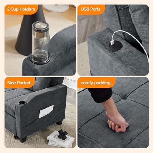 VINGLI 3-in-1 Convertible Sofa Bed with USB Ports and Cup Holders, Dark Grey