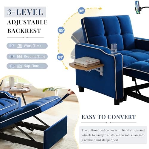 3-in-1 Velvet Tufted Recliner Sleeper Chair Bed with Phone Holder & Side Table (Blue)