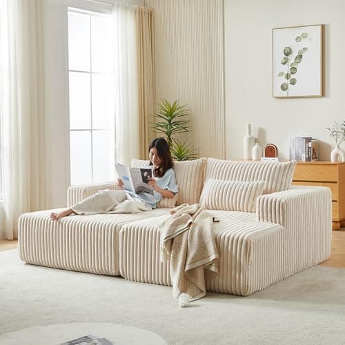 Beige Oversized Chaise Lounge Chair, 87" Plush Corduroy Sofa