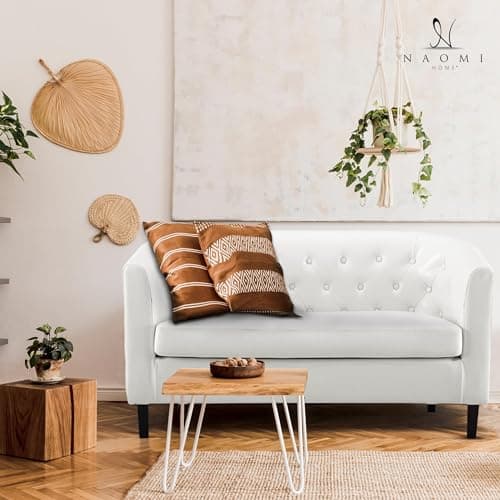Midcentury Modern Button Tufted White Emma Loveseat, Small Living Room Couch - Easy Assembly