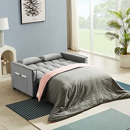 Modern Grey Velvet Sleeper Sofa with Pull Out Bed for Small Spaces