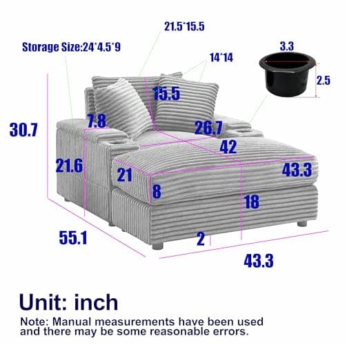 Eafurn Corduroy Upholstered Chaise Lounge Sofa with Ottoman & Cupholders