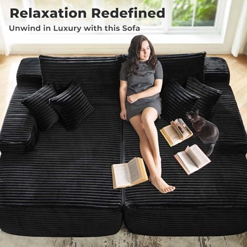 Ovio 81 Oversized Chaise Lounge with Plush Sofa Bed, No Assembly, Modern Fluffy Sleeper for Living Room or Bedroom, Black