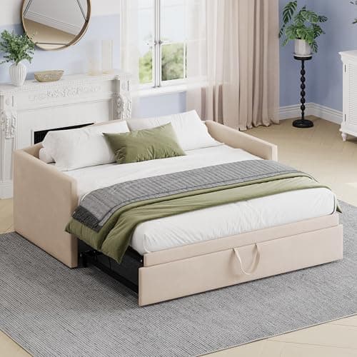 Beige Merax Twin Size Extended Pop Up Trundle Daybed Sofabed