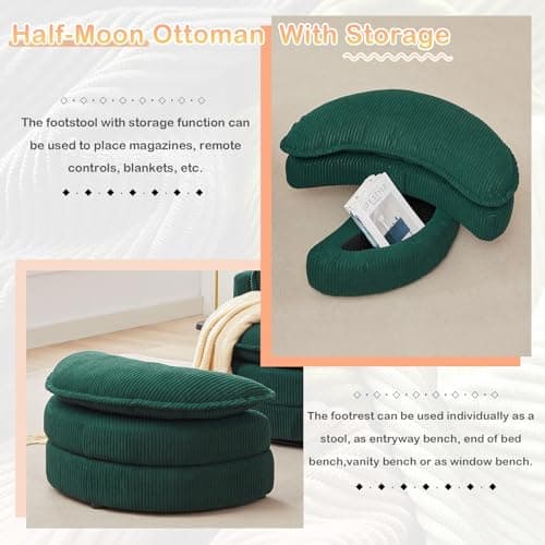 JEEOHEY 38"W Oversized Swivel Armchair with Half Moon Ottoman, Green