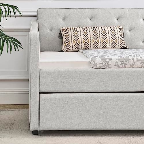 Modern Upholstered Daybed with Trundle for Twin Size, Beige Color