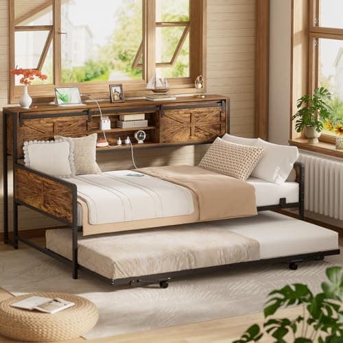 Homieasy Rustic Brown Farmhouse Twin Day Bed with Bookcase & Charging Station