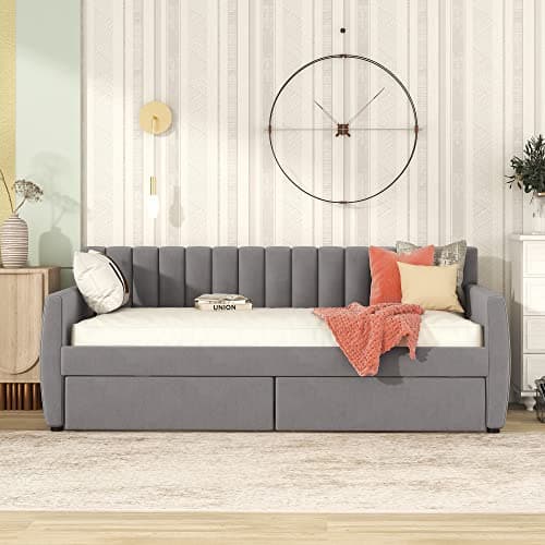 Bellemave Twin Size Daybed with Storage Drawers, Velvet Upholstered Sofa Bed