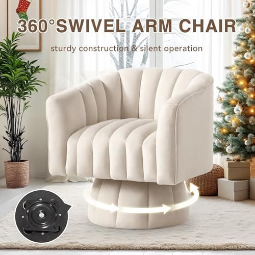 Beige Velvet Mid-Century 360° Swivel Armchair for Living Room
